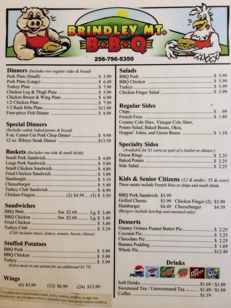 Menu at Brindley Mountain BBQ, Fairview