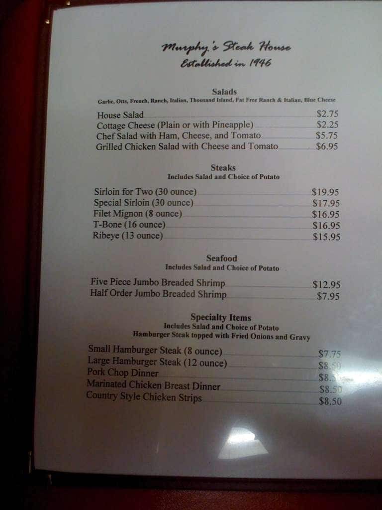 Murphy's Original Steak House Menu Urbanspoon/Zomato