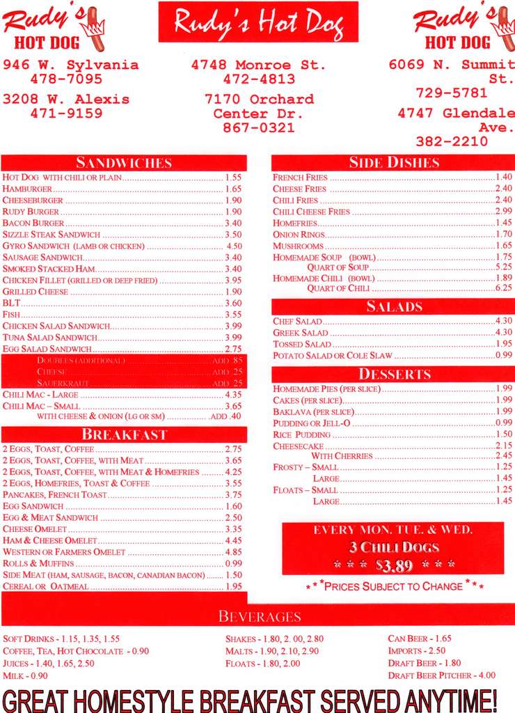 Rudy's Hot Dogs Menu, Menu for Rudy's Hot Dogs, Toledo, Toledo