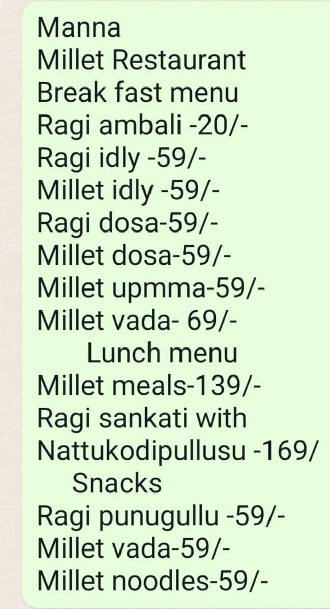 Menu of Manna Millet Restaurant, Vanasthalipuram, Hyderabad