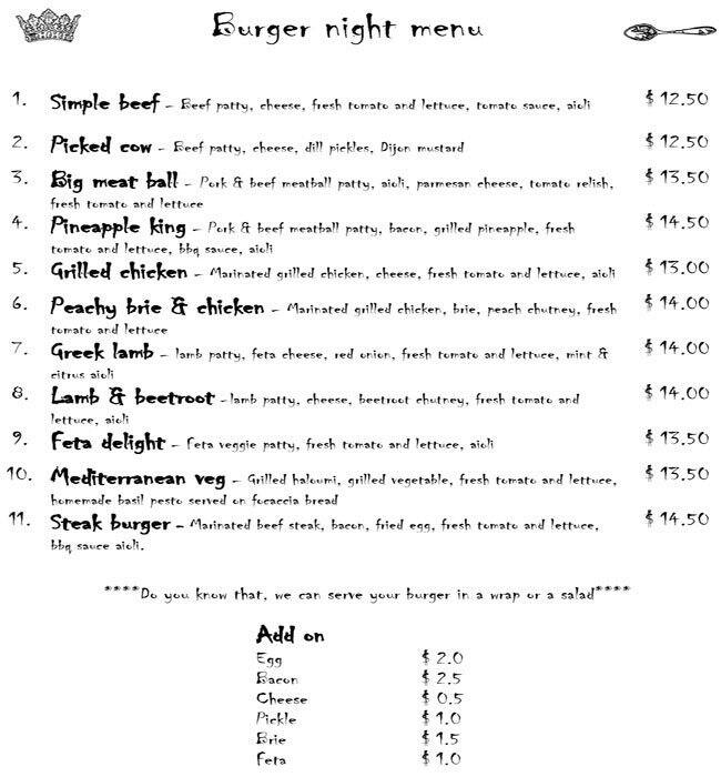 Menu at King & Spoon restaurant, Lesmurdie