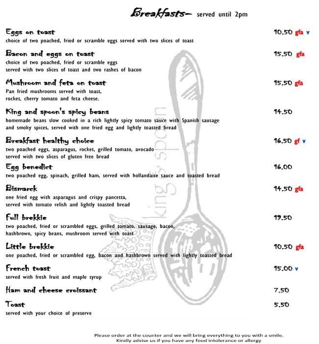 Menu at King & Spoon restaurant, Lesmurdie