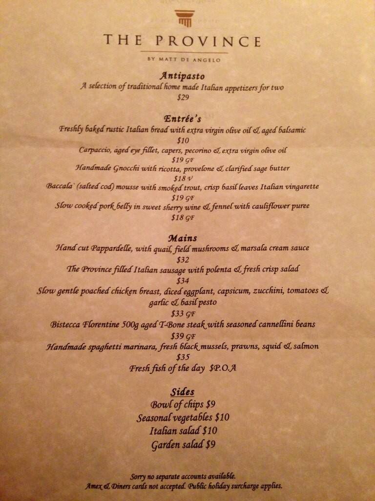 The Province Menu, Menu for The Province, Mildura, Mildura Urbanspoon