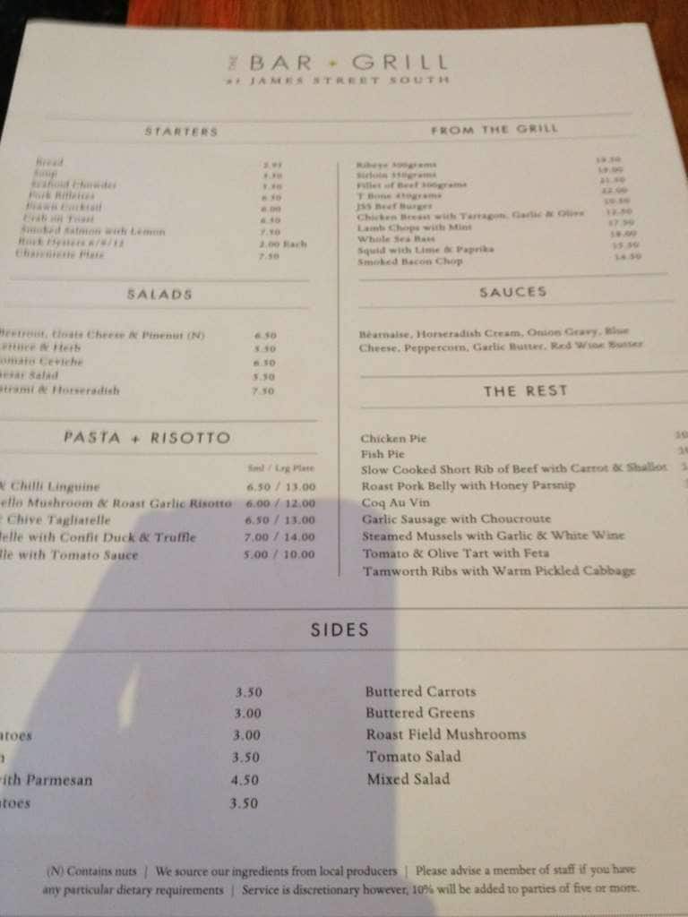 Menu at James Street South restaurant, Belfast
