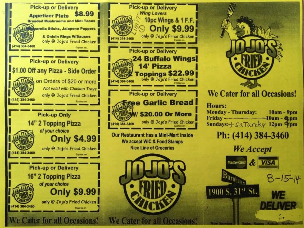 JoJo's Fried Chicken a Milwaukee Foto del Menu con Prezzi Urbanspoon/Zomato
