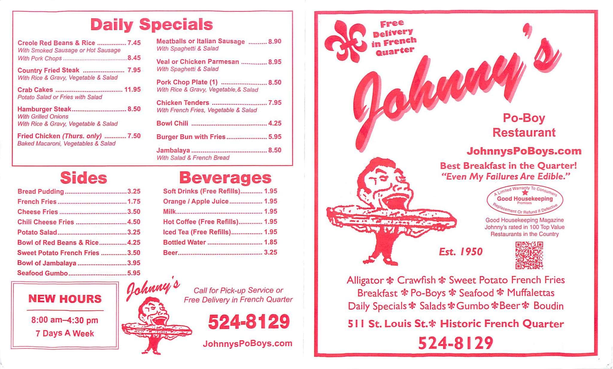 Johnny S Po Boys Menu For French Quarter Johnny S Po Boys French Quarter Menu