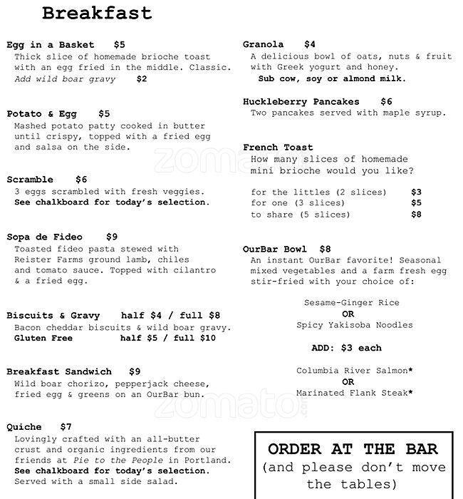 Our Bar Menu, Menu for Our Bar, Washougal, Washougal Urbanspoon/Zomato