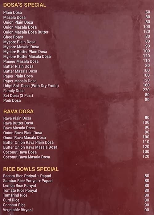 Sri Krishna Udupi menu