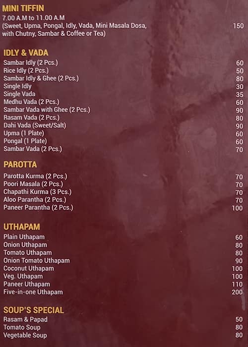 Sri Krishna Udupi menu