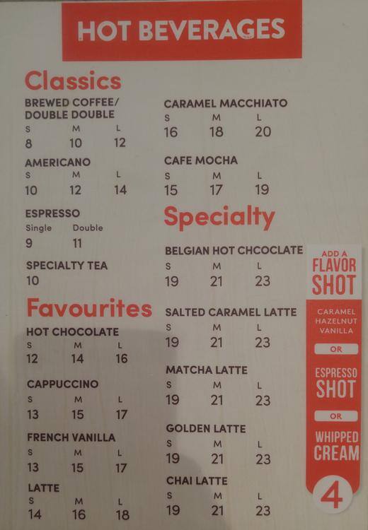 Menu at Tim Hortons cafe, Abu Dhabi, Abu Dhabi Muncipality Building