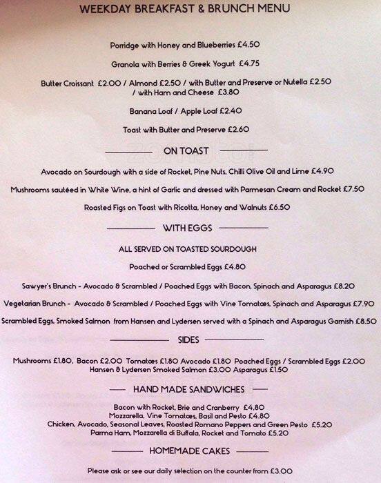 Sawyer and Gray Menu, Menu for Sawyer and Gray, Islington, London