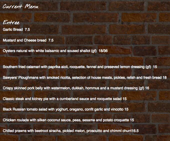 Menu at Sawyers Arms Tavern restaurant, Newtown