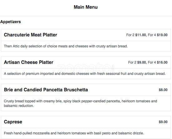 Menu at The Attic pub & bar, Phoenix