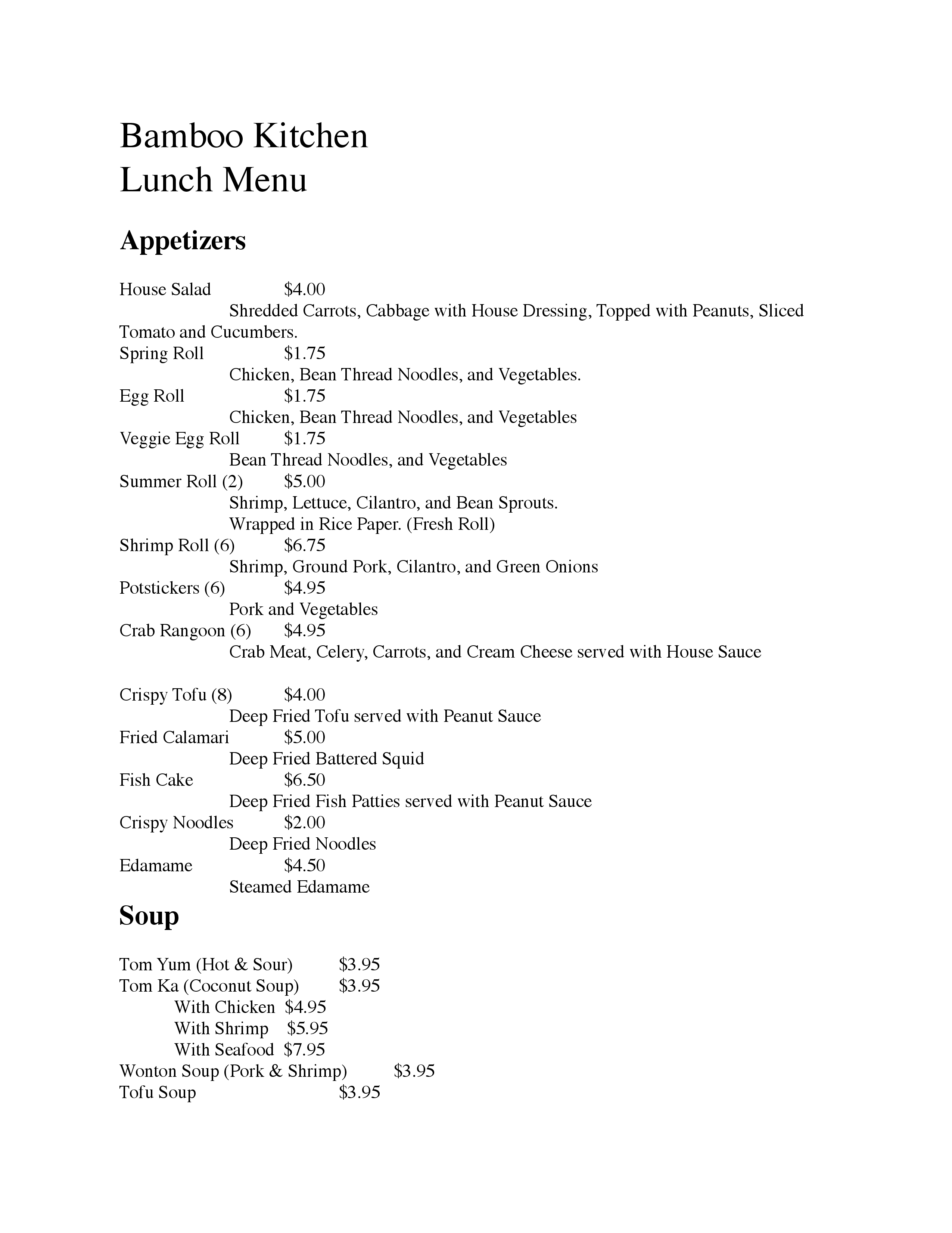 Bamboo Kitchen Menu, Menu for Bamboo Kitchen, Deer Park/Madeira