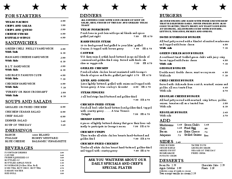 Menu at restaurant, Lubbock, 4th St