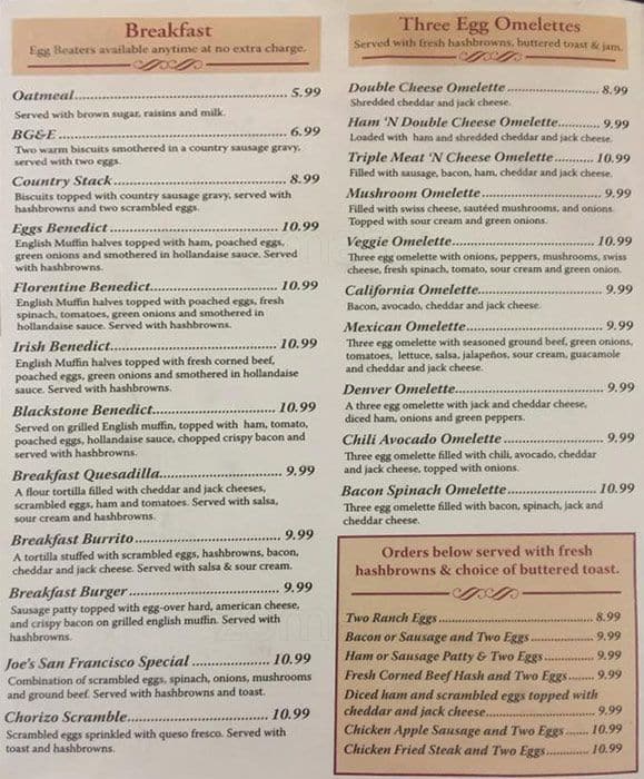 Skillets Cafe menu, Menu restauracji Skillets Cafe