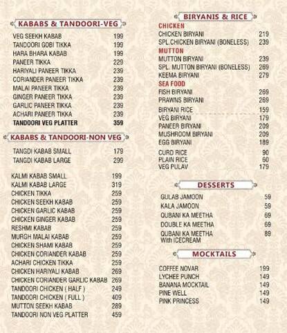 Menu at Sri Sampoorna Hotel, Hyderabad, Medipally