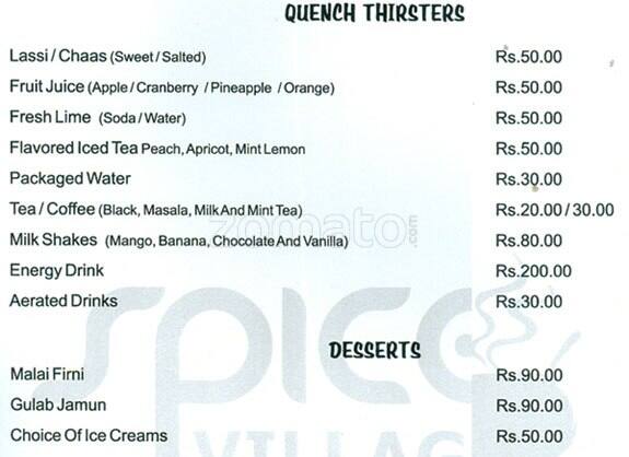 Spice Village Restaurant menu