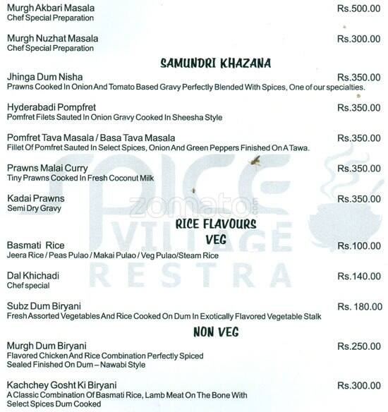 Spice Village Restaurant menu