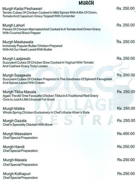 Spice Village Restaurant menu