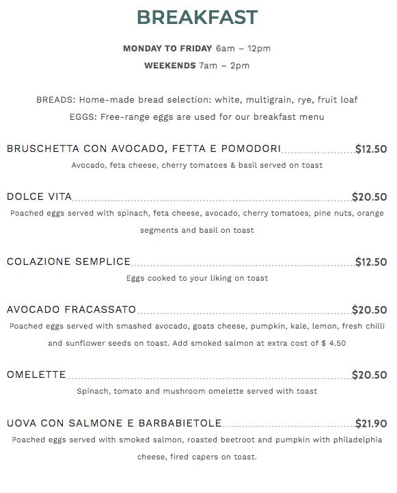 Menu at Classico Carlton cafe, Melbourne, 380 Lygon St