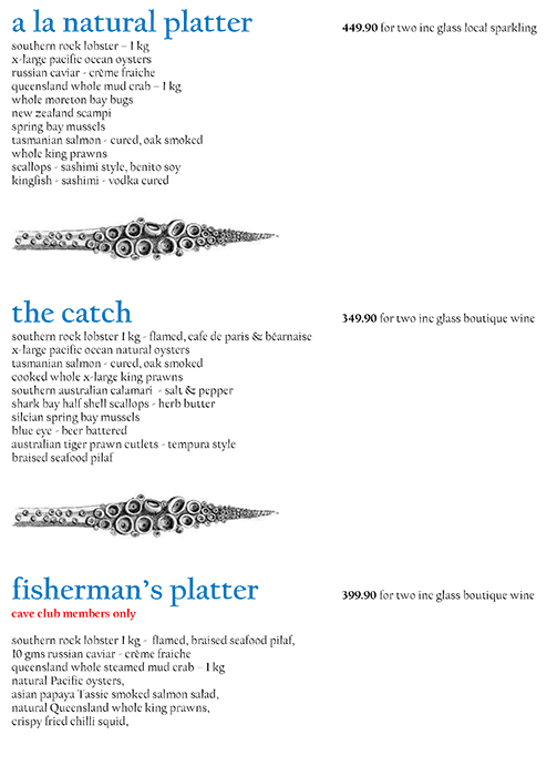 Menu at Lobster Cave restaurant, Beaumaris, 16/18 N Concourse