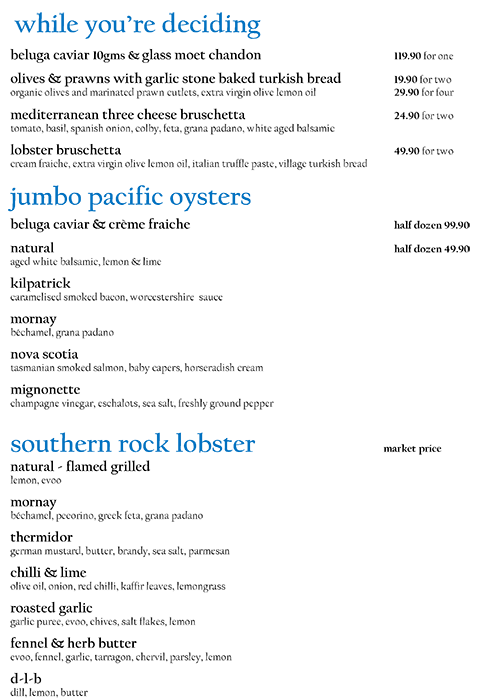 Menu at Lobster Cave restaurant, Beaumaris, 16/18 N Concourse