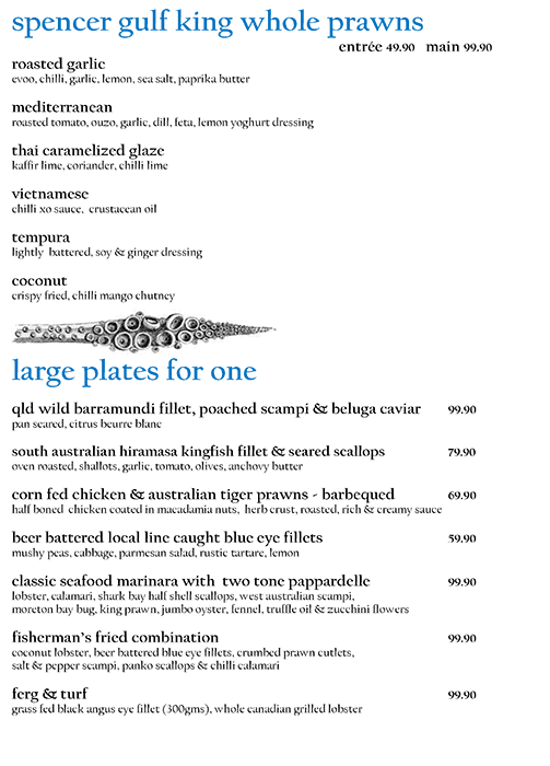 Menu at Lobster Cave restaurant, Beaumaris, 16/18 N Concourse