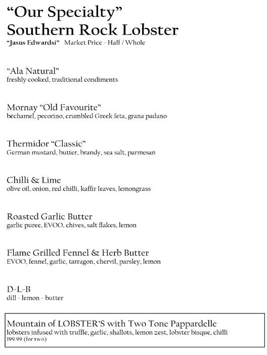 Menu at Lobster Cave restaurant, Beaumaris