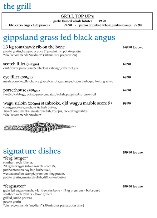 Menu at Lobster Cave restaurant, Beaumaris, 16/18 N Concourse