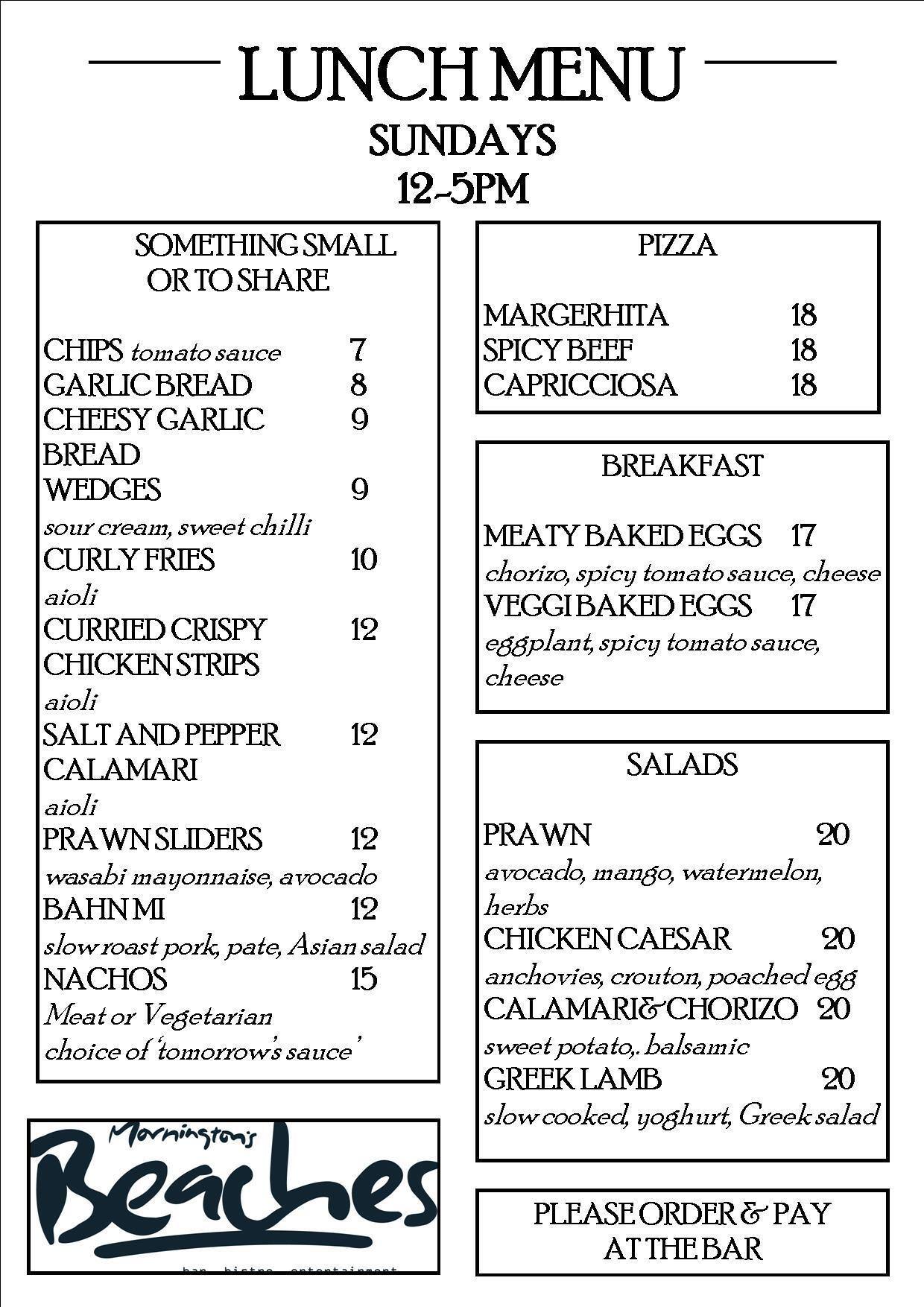 Beaches of Mornington Menu, Menu for Beaches of Mornington, Mornington