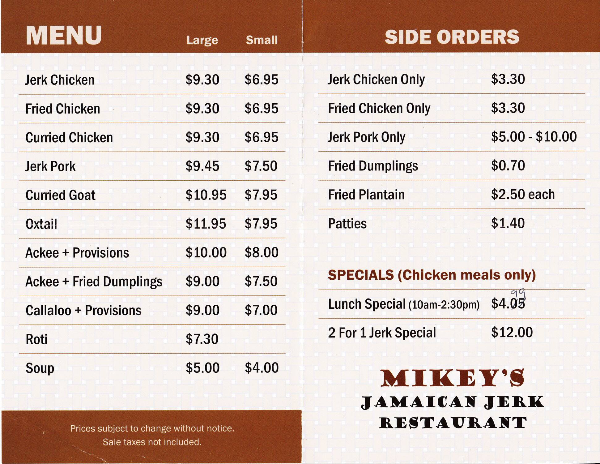 Menu at Mikey's Jamaican Jerk Restaurant, Barrie
