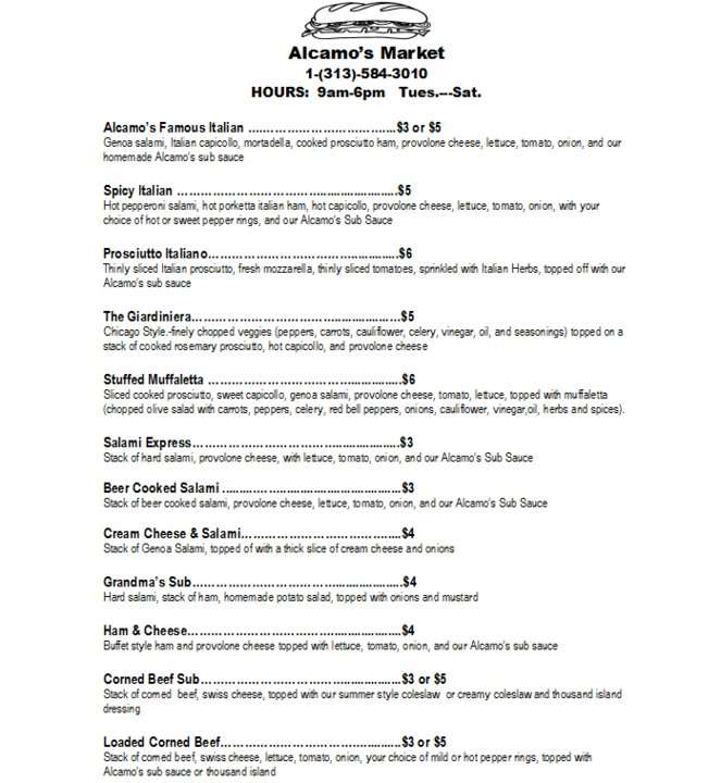 Alcamo's Market Menu, Menu untuk Alcamo's Market, Dearborn, Detroit