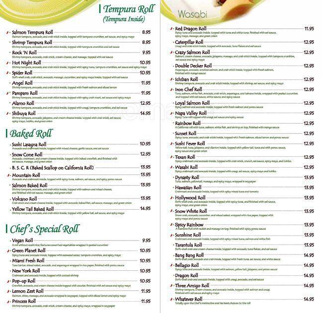Menu at Wasabi restaurant, San Antonio