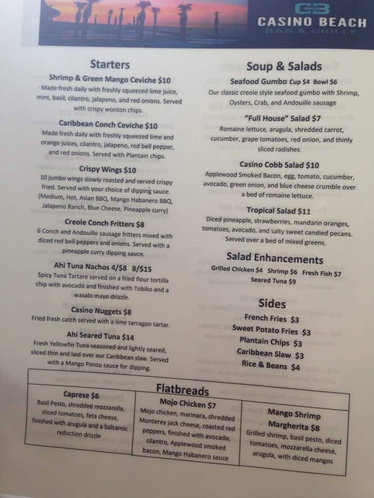 Menu at Casino Beach Bar, Pensacola Beach