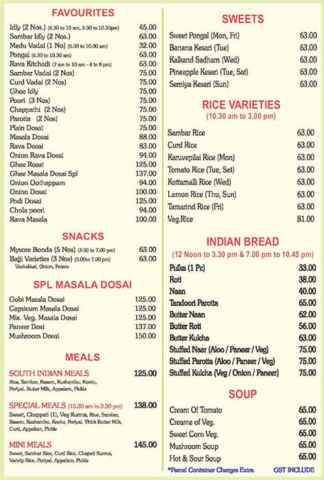 Menu at Sri Ganga Bakery, Chennai