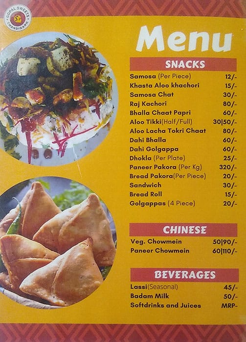 Menu of Gopal Sweets, Sector 27, Chandigarh