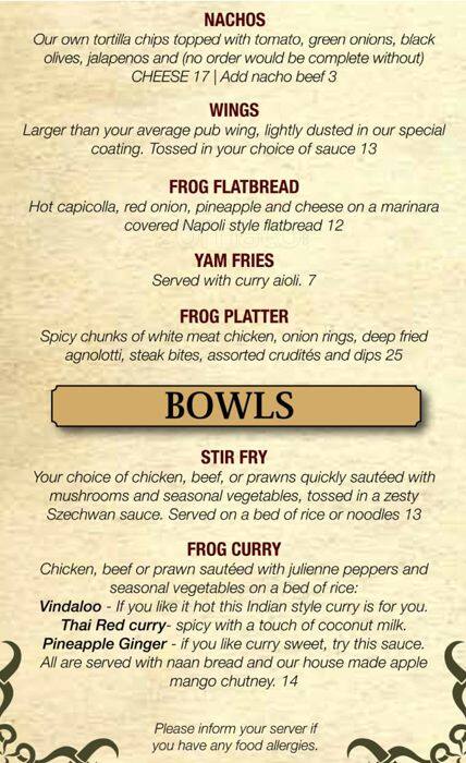 Menu at The Frog Pub, Coquitlam