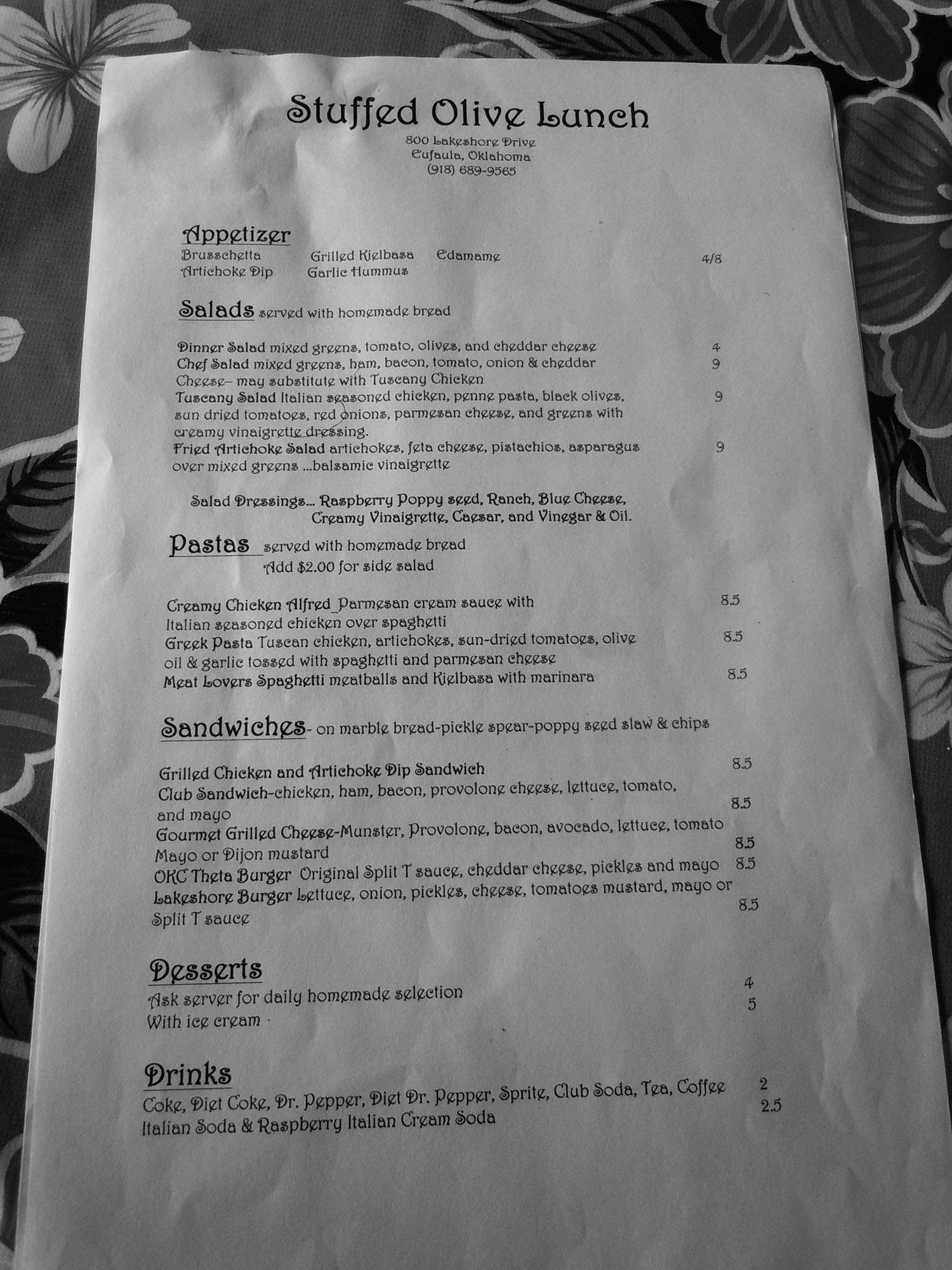 Menu at Stuffed Olive steakhouse, Eufaula