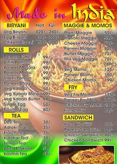 Menu of Made In India, Gomti Nagar, Lucknow