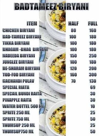 Menu of Badtameez Biryani, Dwarka, Nashik