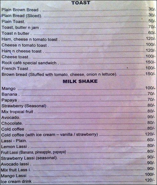Rock Cafe menu