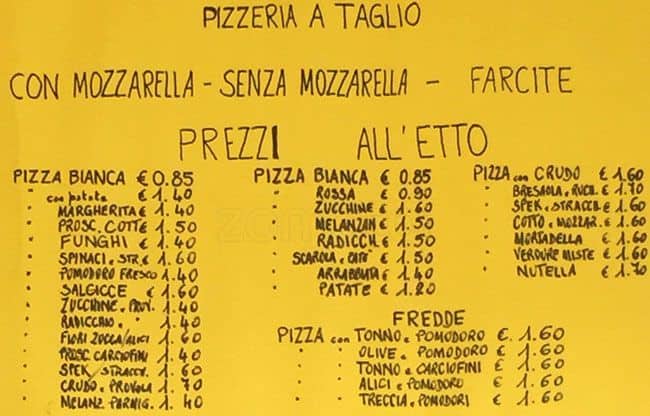 Menu di Pizzeria al Taglio 