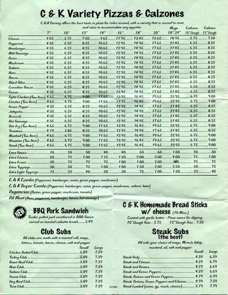 Menu at C & K Variety pizzeria, Hermon