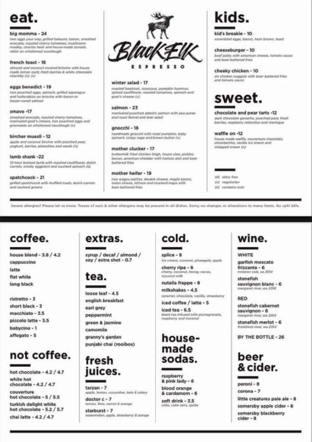 Menu at Black Elk restaurant, Carnes Hill