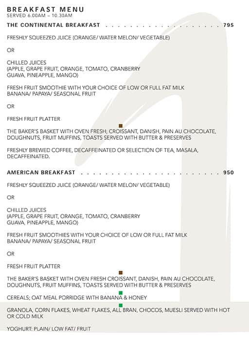 The One - Le Meridien Menu, Menu for The One - Le Meridien, Janpath ...