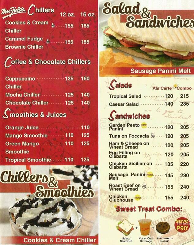 Mrs. Fields Cookies Menu, Menu for Mrs. Fields Cookies, Rockwell