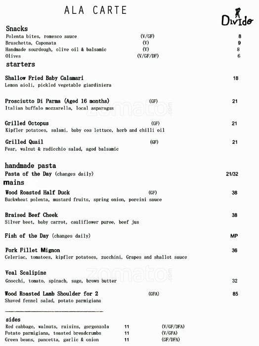Divido Italian Restaurant menu