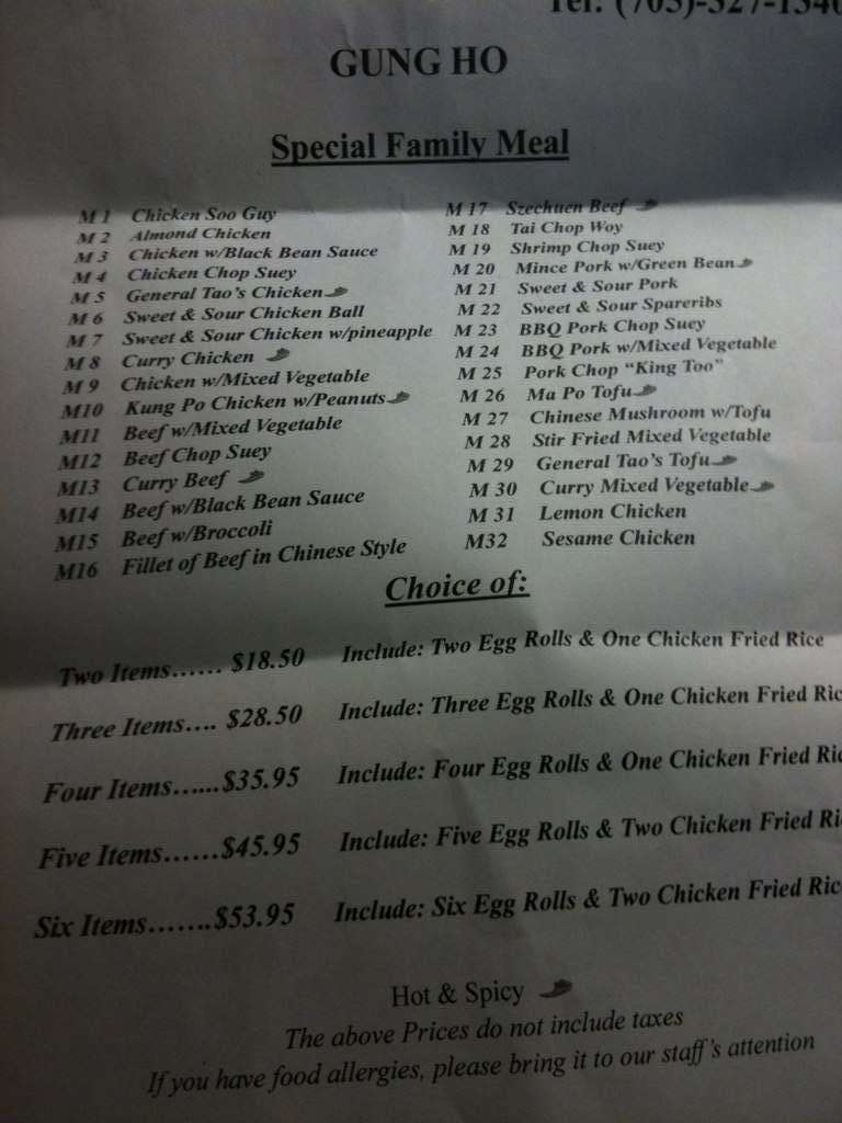 Menu at Gung Ho restaurant, Orillia