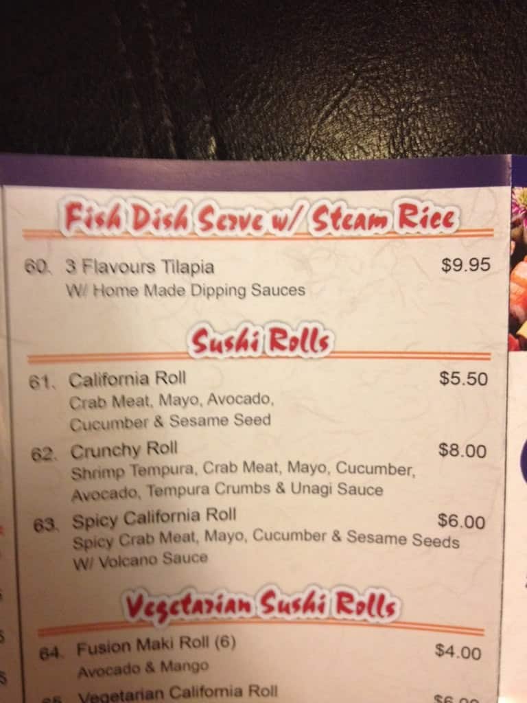 Menu at Tokyo House restaurant, Thunder Bay